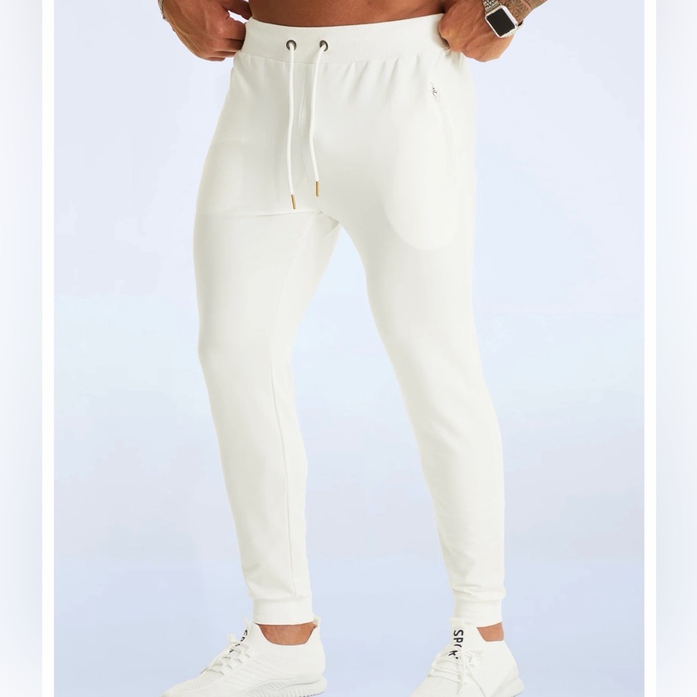Men’s Cotton-Blend White Track Joggers with Drawstring